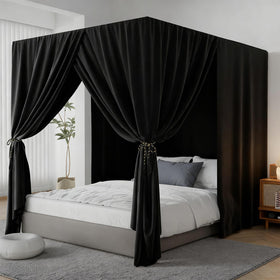 YRDKB Black canopy bed curtains assembly view showing quick setup