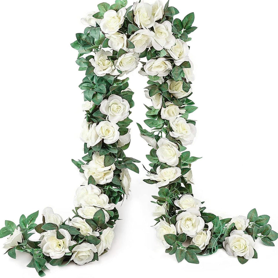 YRIOWMI fake rose garland with 10 pink roses for elegant wedding decor.