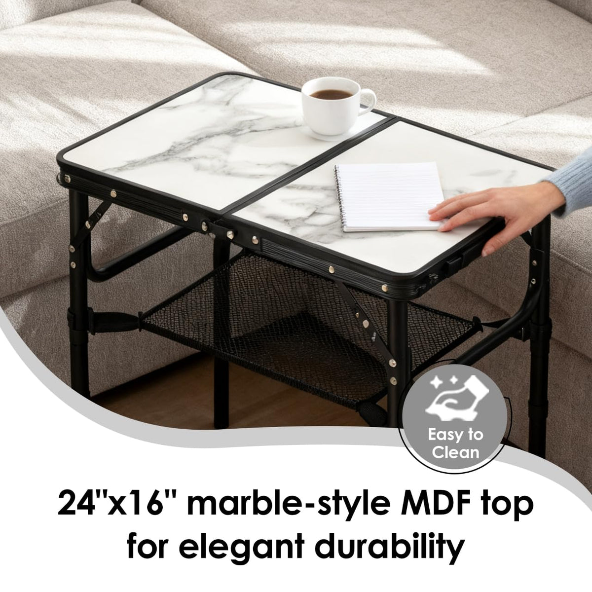 Yriuat MDF top provides smooth surface for laptops or snacks.