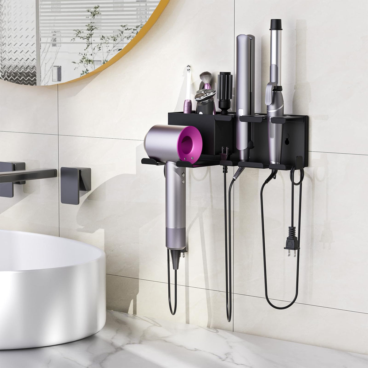 YSD 3-in-1 hair tools organizer keeps dryer, iron, and wand neatly stored.