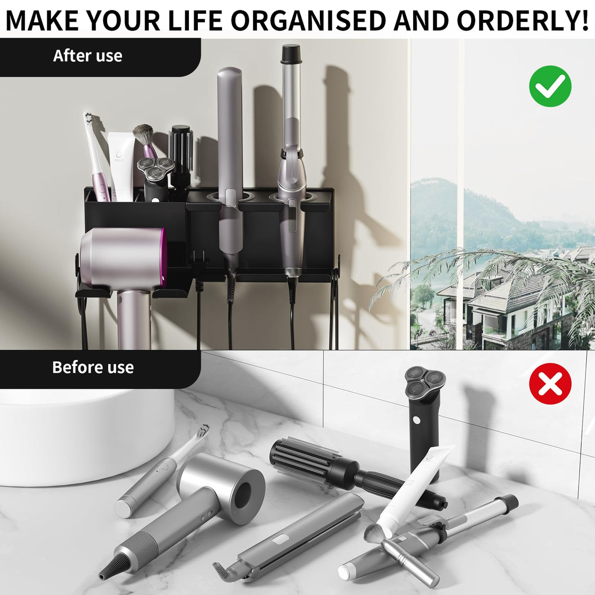 YSD metal hair tools holder showcases durable, rust-resistant construction.