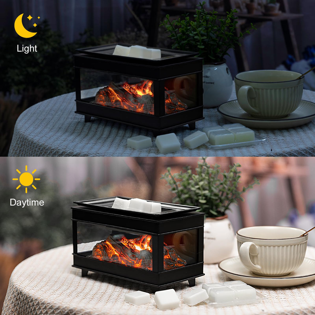 YSong metal and glass wax melter offers a realistic fireplace look in any room.