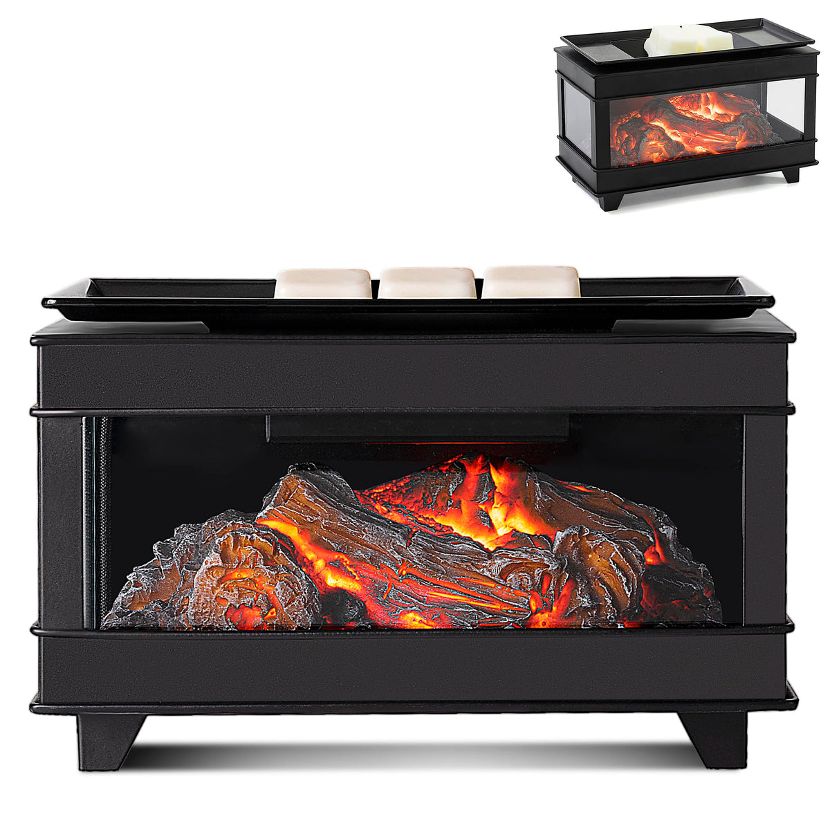 YSong three-sided glass fireplace wax warmer enhances living room ambiance with a cozy glow.