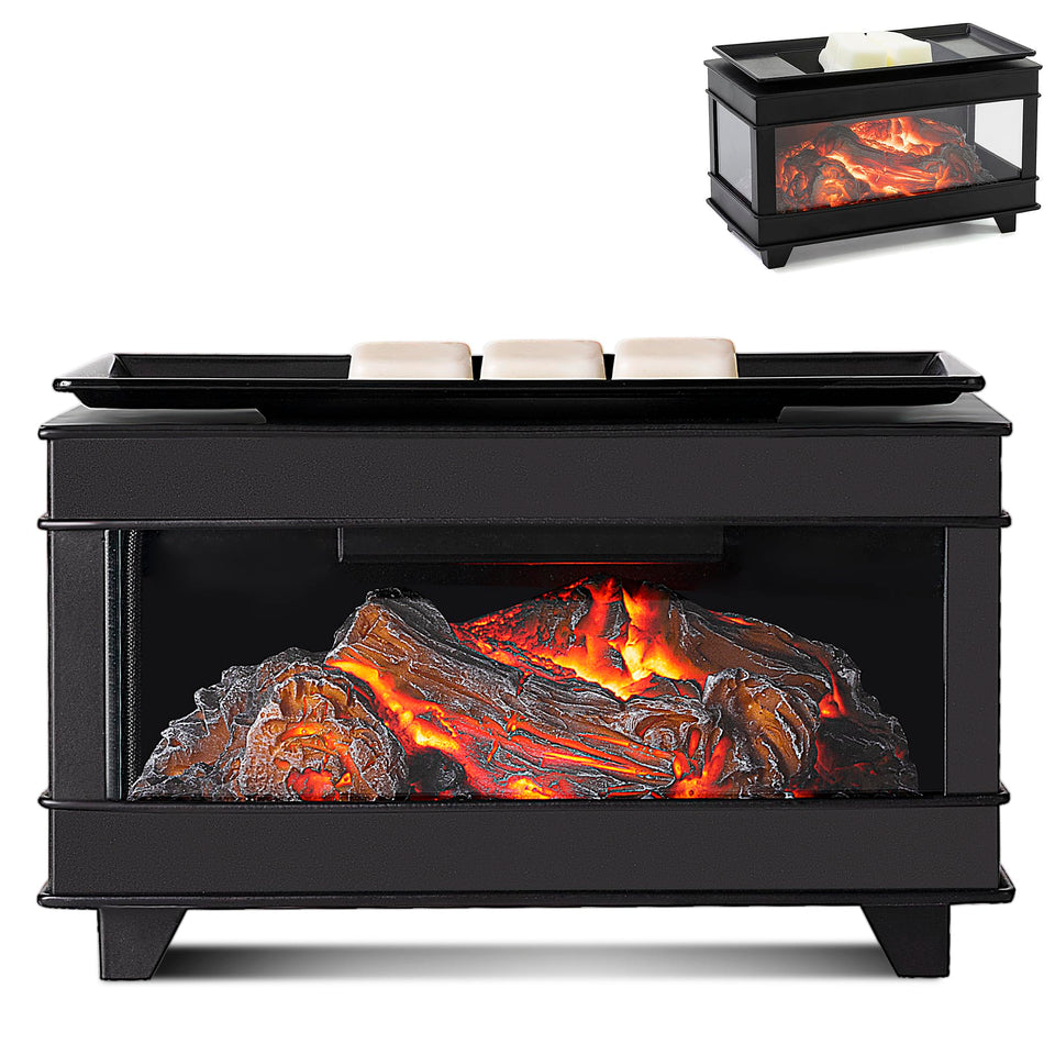 YSong three-sided glass fireplace wax warmer enhances living room ambiance with a cozy glow.
