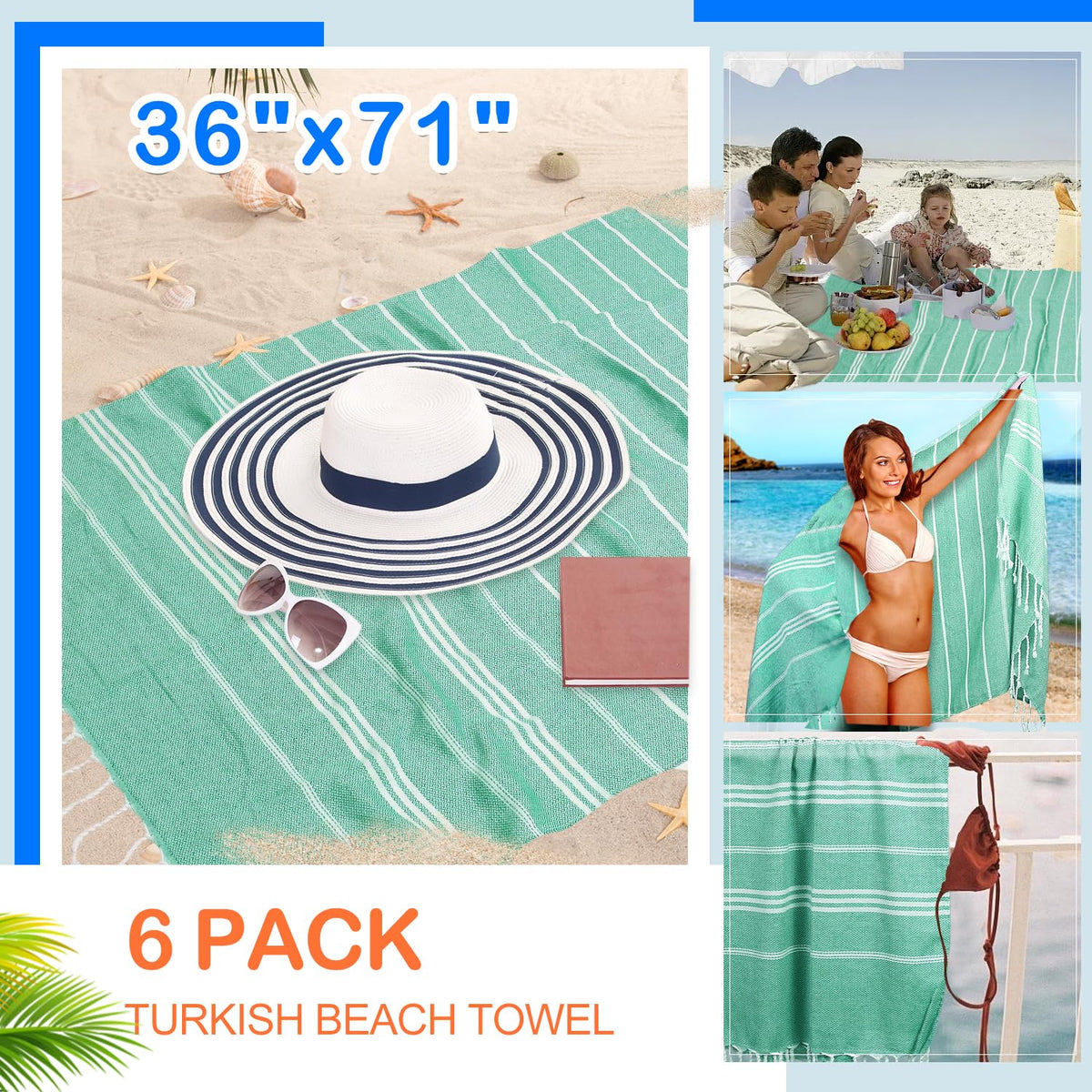 YSYJ Turkish beach towel 6-pack teal, folded for compact packing and quick-drying use.