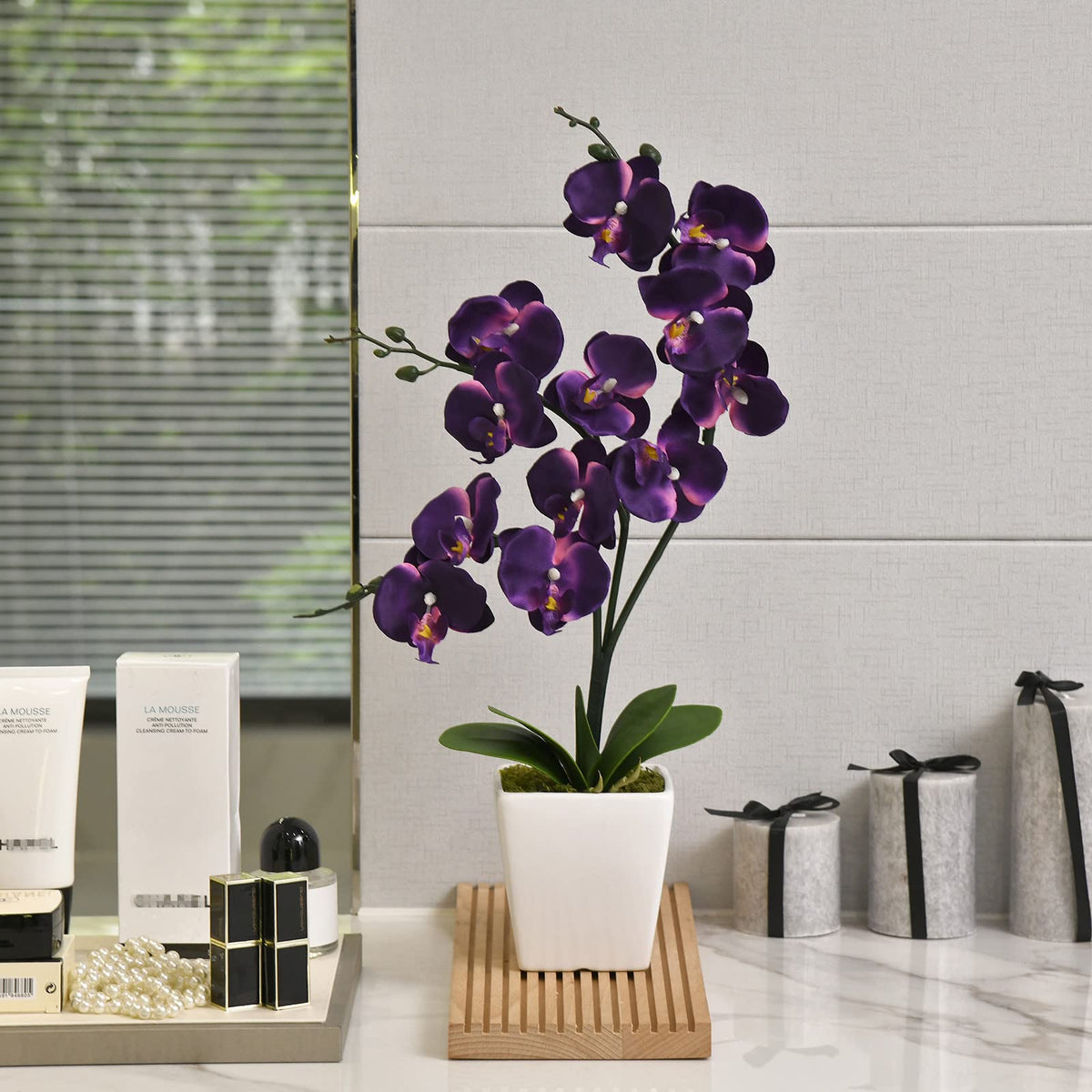 YSZL Phalaenopsis dark purple close-up showing lifelike silk petals and texture.