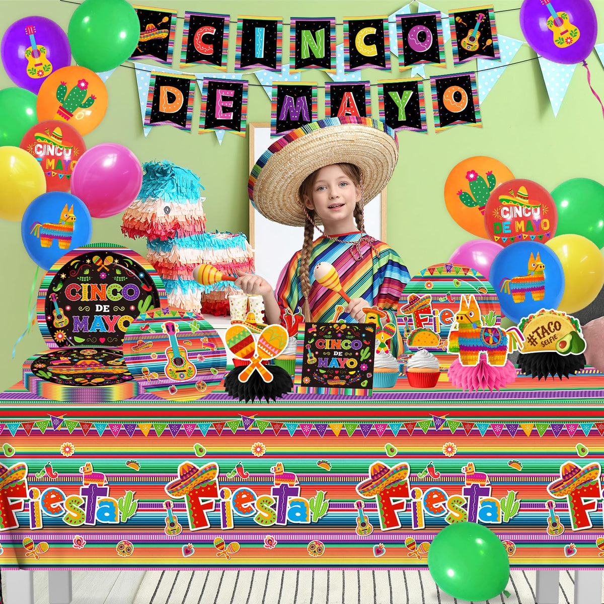 YTGUVBK Fiesta tablecloth protects surfaces and ties the theme together.