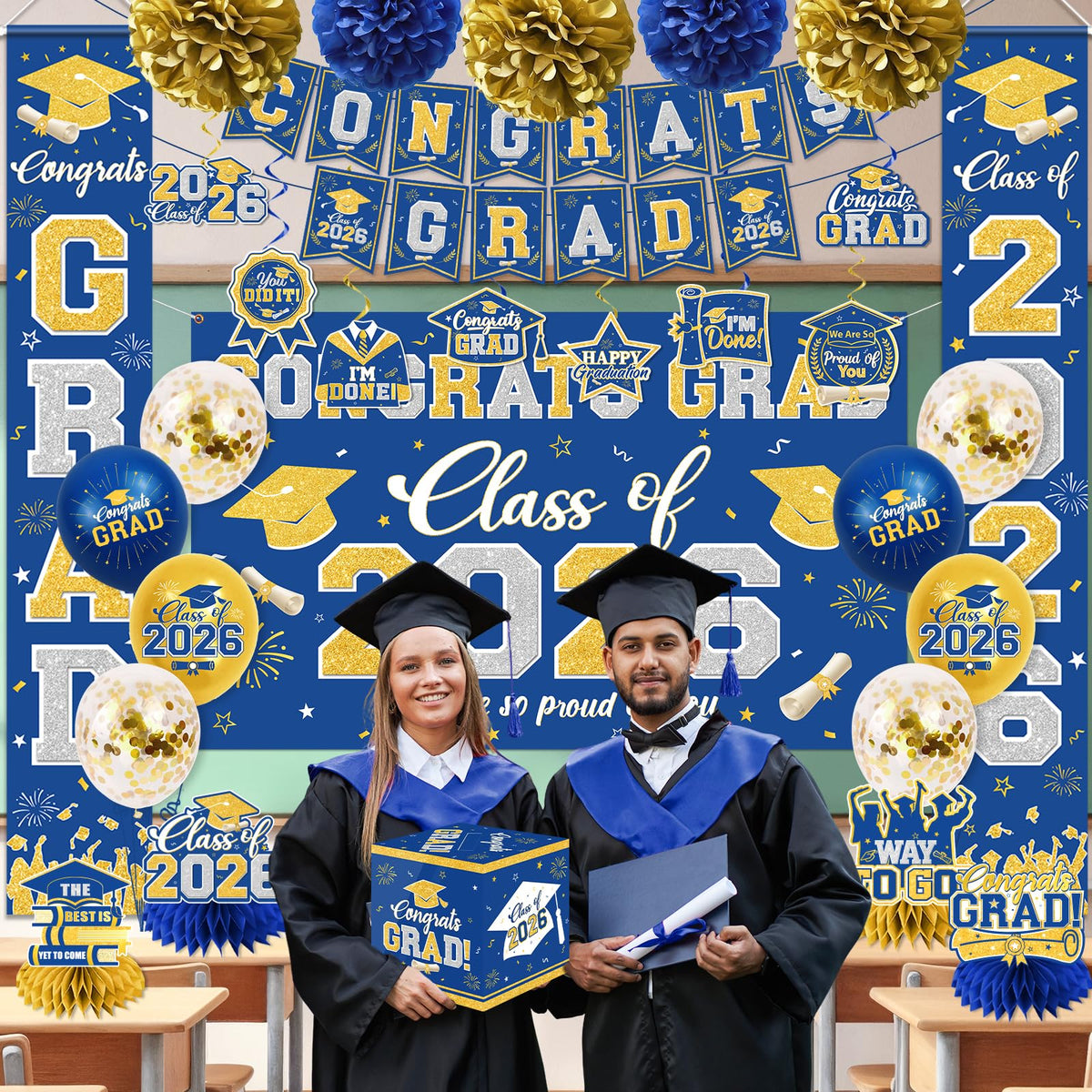 YTGUVBK Class of 2026 backdrop in blue and gold for memorable photos.