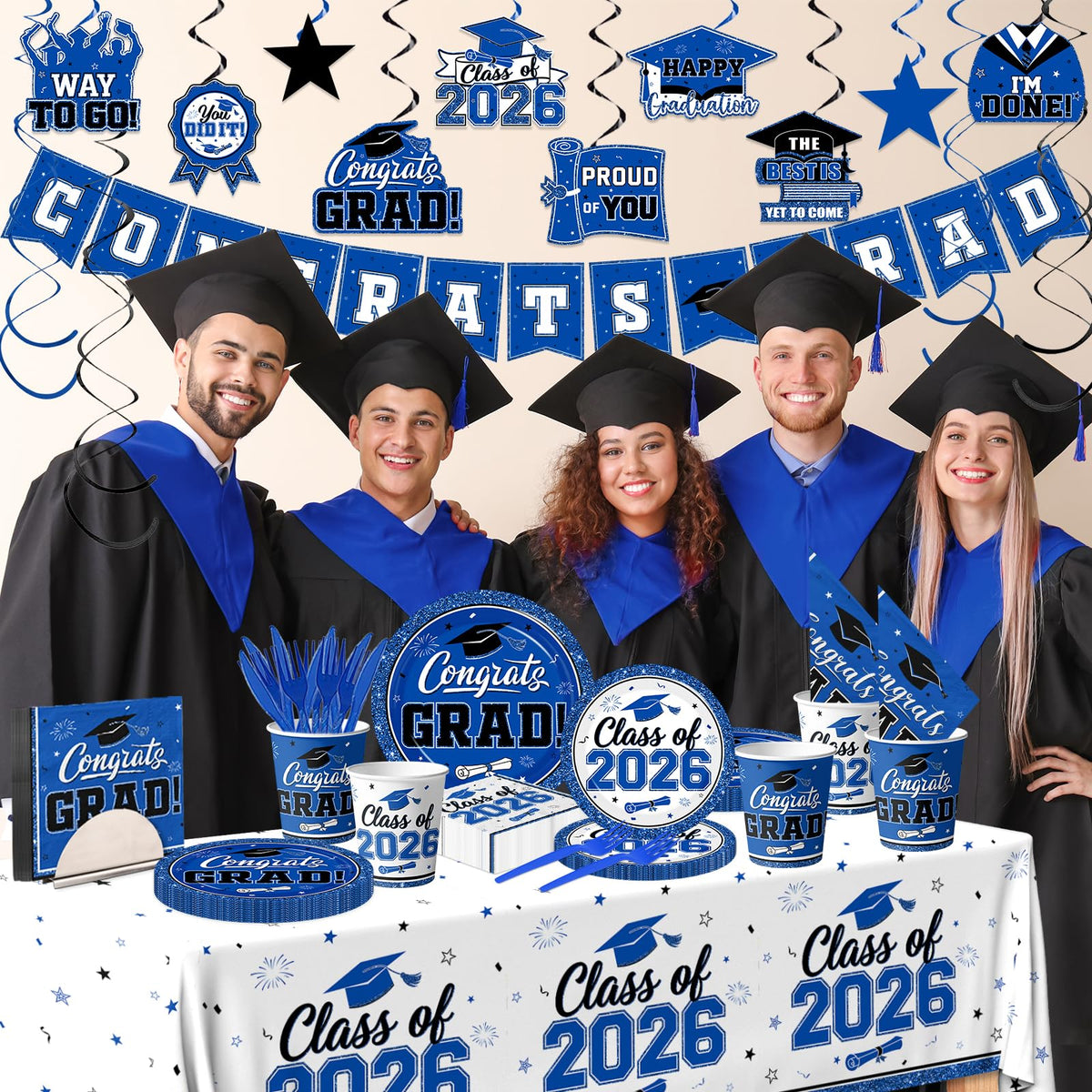 YTGUVBK blue and white graduation tablecloth and banner for a cohesive ceremonial ambiance.