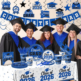 YTGUVBK blue and white graduation tablecloth and banner for a cohesive ceremonial ambiance.
