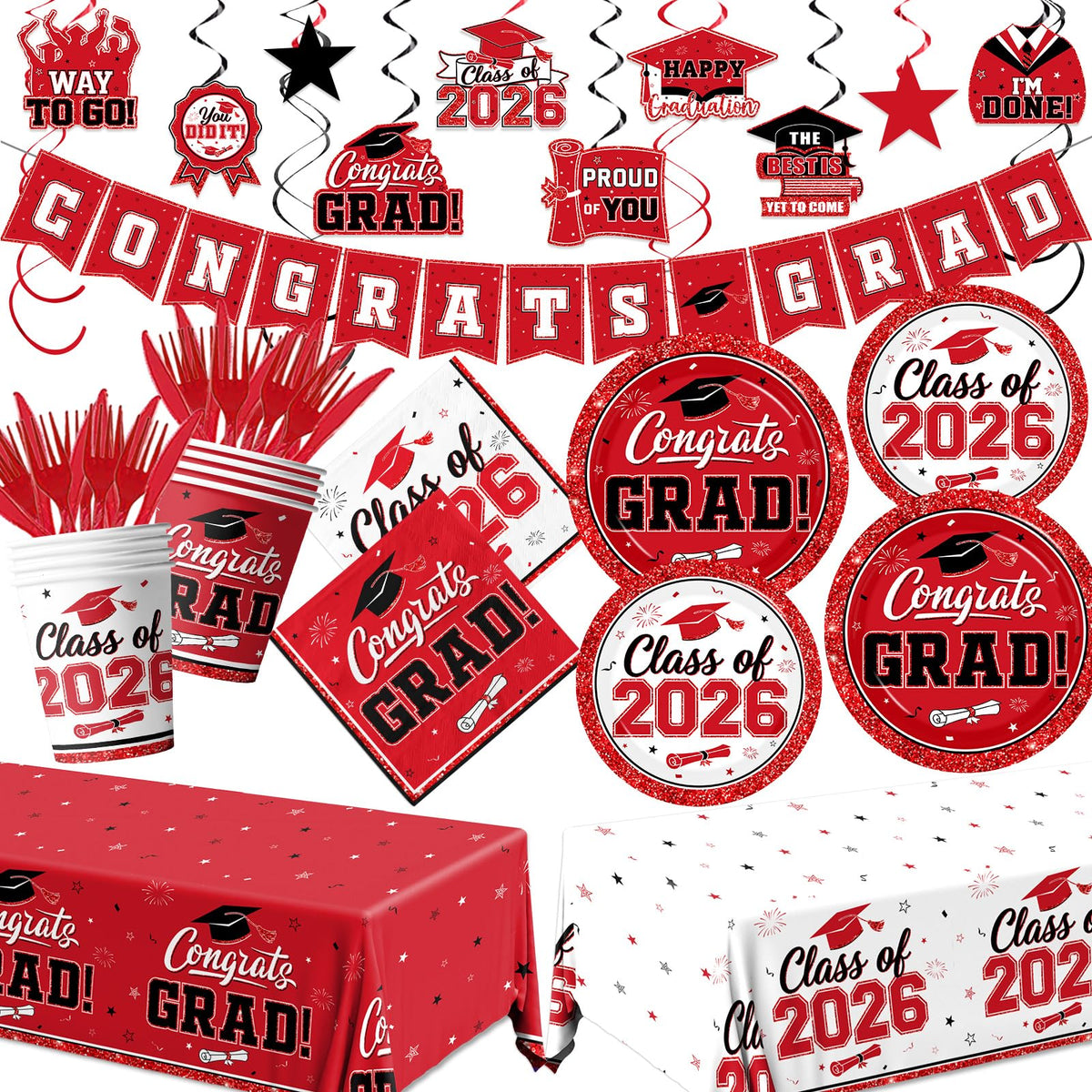 YTGUVBK red-grad-dinnerware-set ideal for quick cleanup after the celebration.