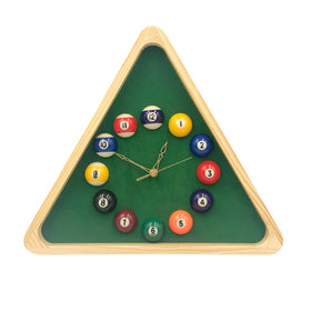 Yuanhe billiards pool ball clock front view with real ball halves, ideal centerpiece for game rooms.