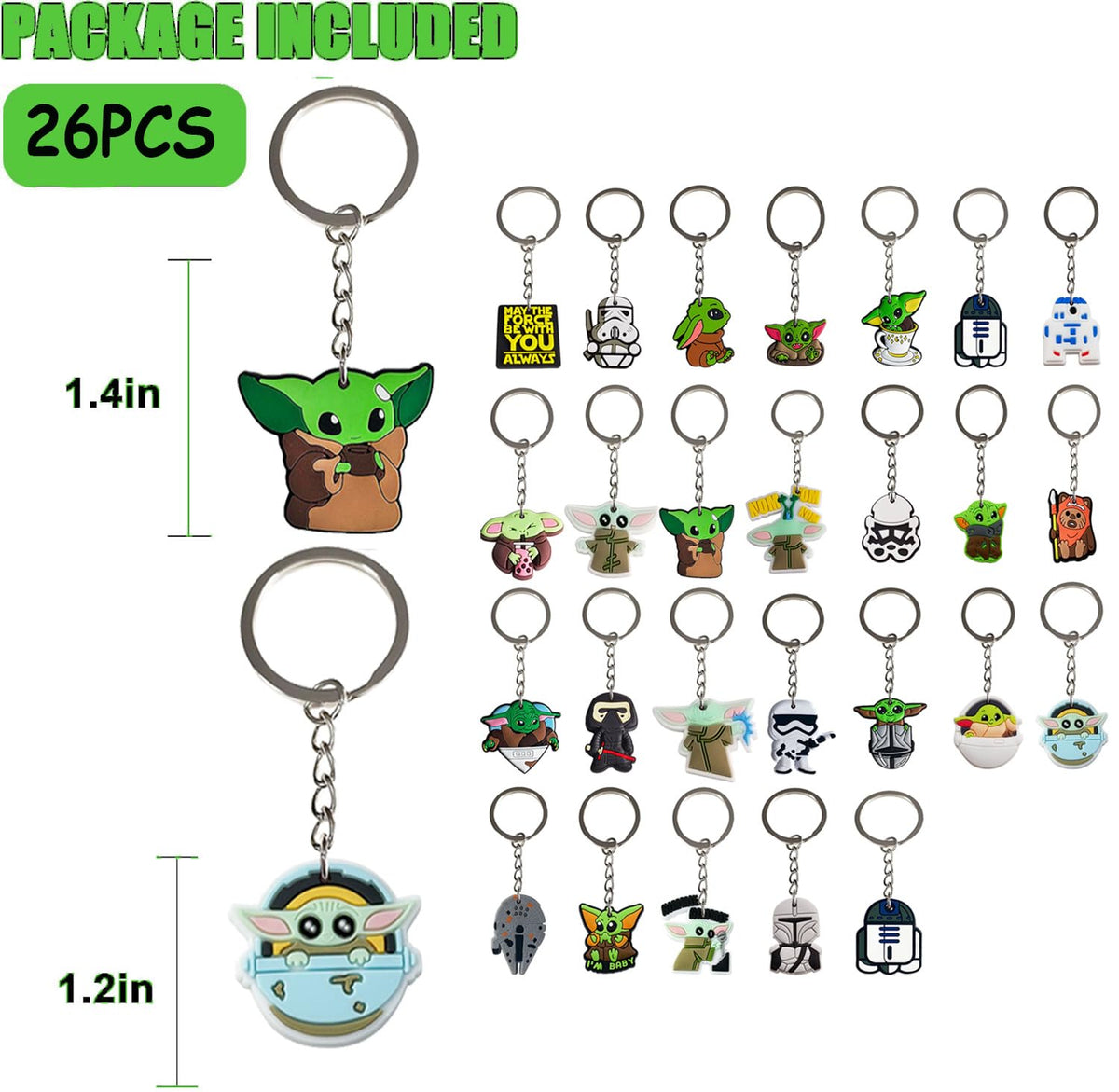 Durable silicone Yoda keychains in playful styles for prizes and loot bags.