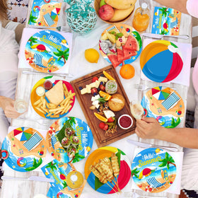 YUCPOJU beach ball dessert plates add playful flair to tropical treats.