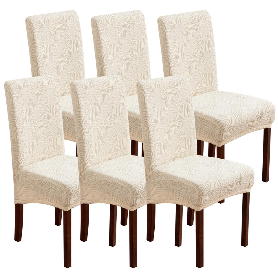 YUEANG beige dining chair covers in a 6-pack, ready to refresh dining room chairs.