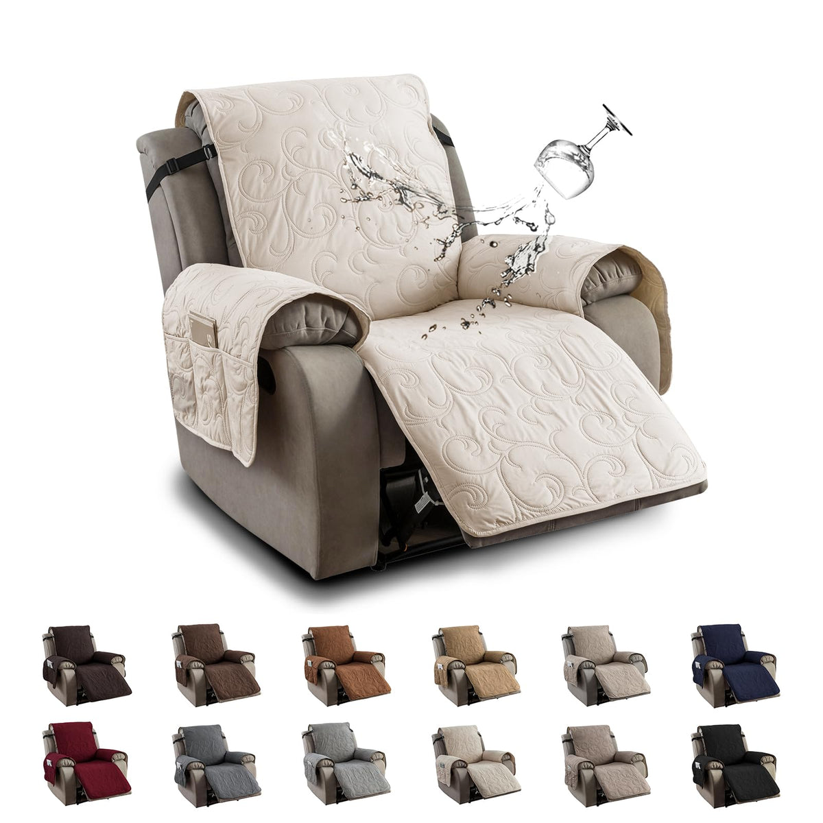 YUEANG recliner cover waterproof beige close-up showing premium fabric protection