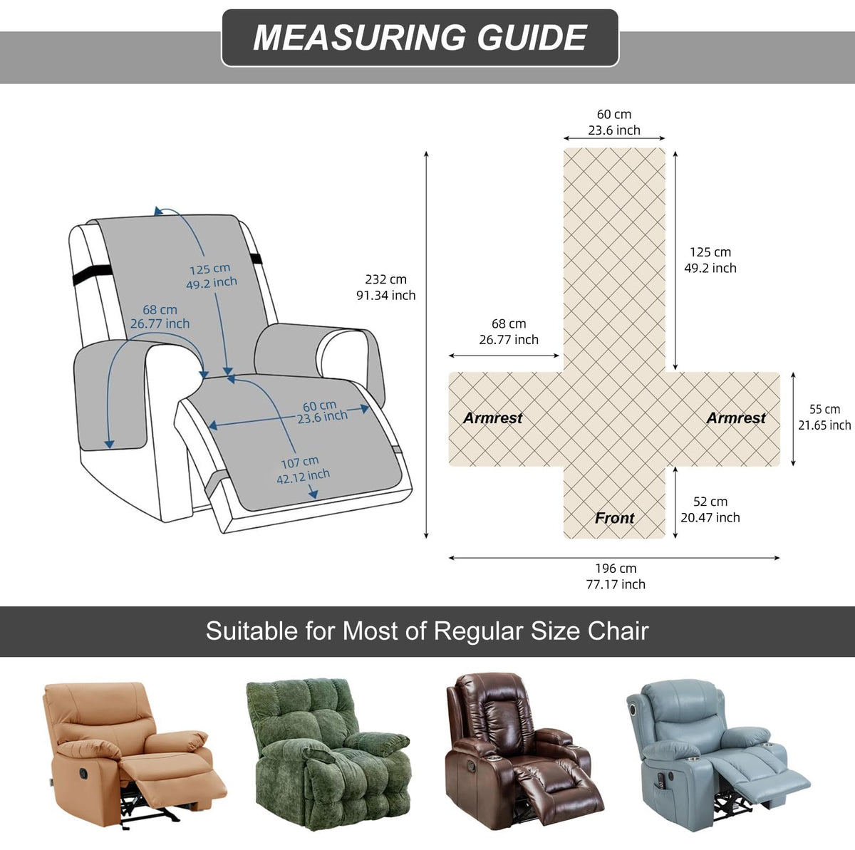 YUEANG recliner cover waterproof beige with dimension guide for proper sizing
