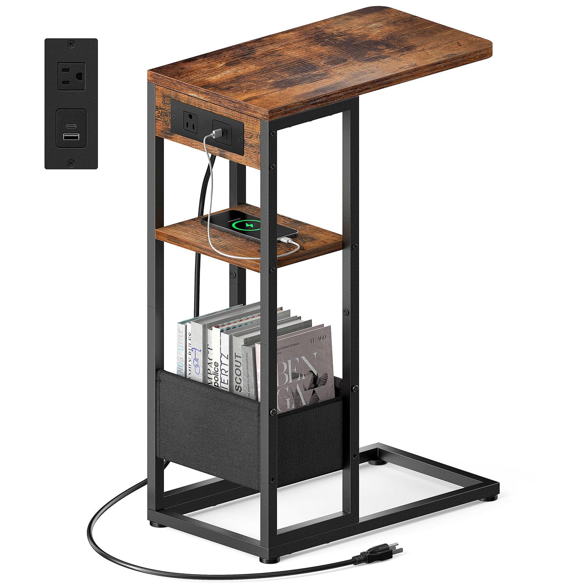 Yuede C shaped end table with charging station beside the sofa for quick device power