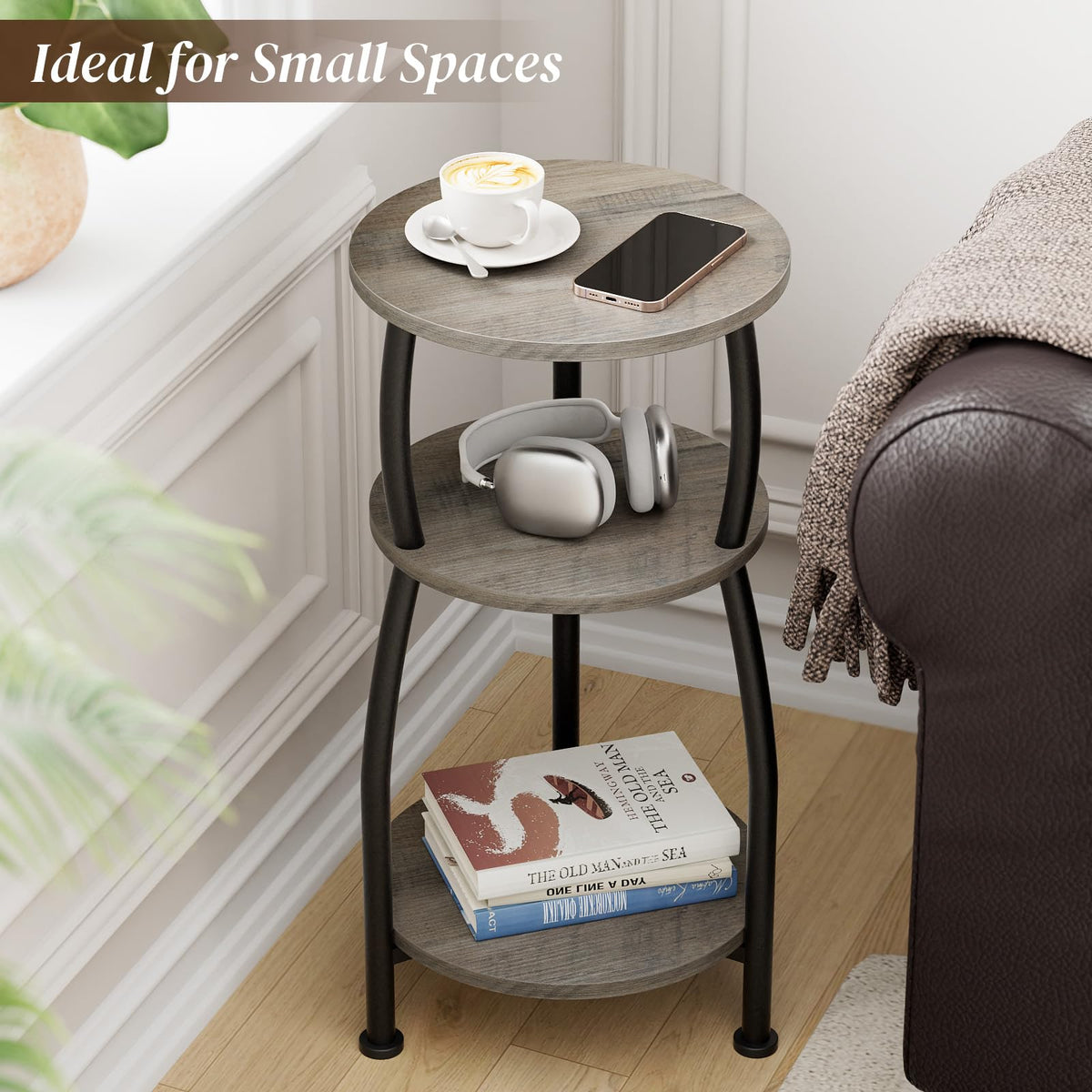Yuede round end table with shelves ideal for lamps and remotes.