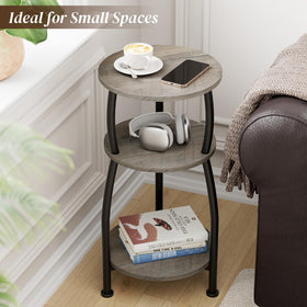 Yuede round end table with shelves ideal for lamps and remotes.