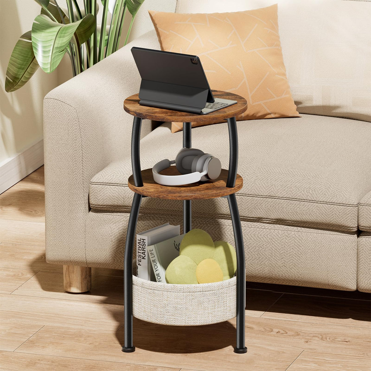 Yuede round side table placed in a cozy living room setup
