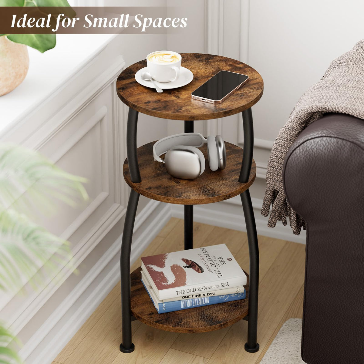 Yuede middle shelf keeps books and remotes within easy reach.