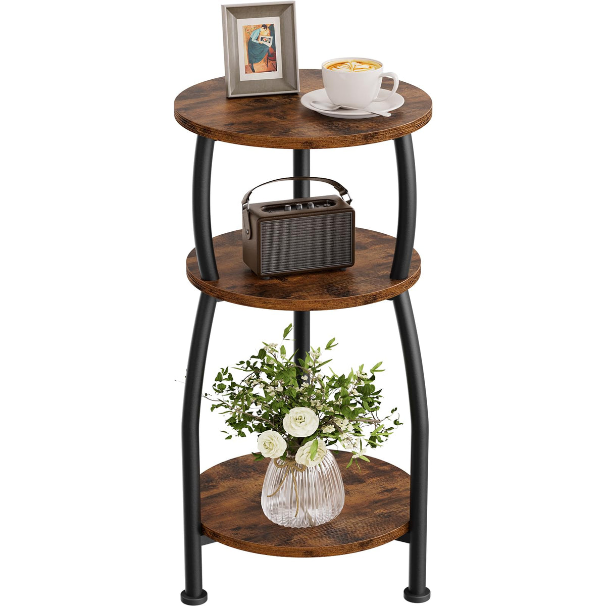 Yuede 3-tier round side table top shelf for lamps and drinks.
