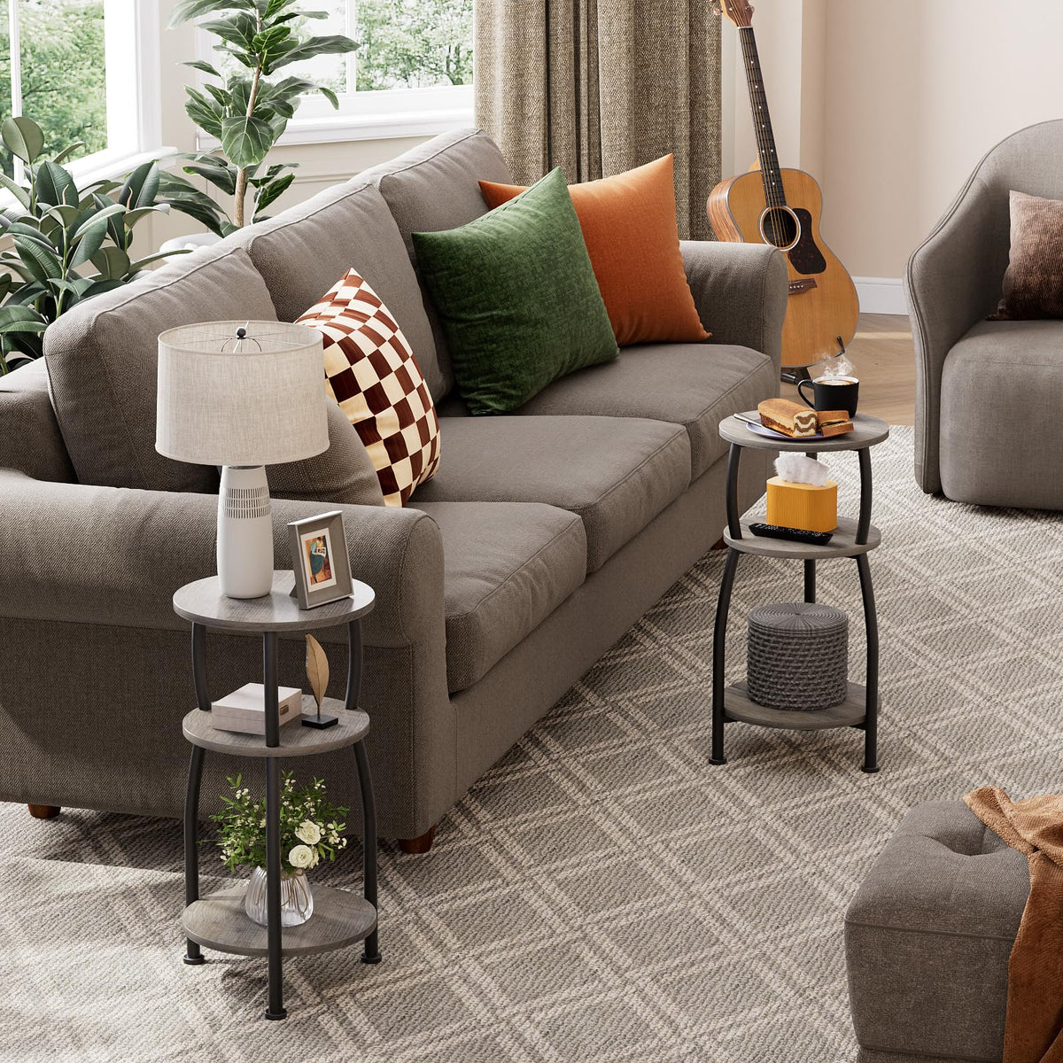 Yuede three-tier storage table keeps books remotes plants neatly within reach.
