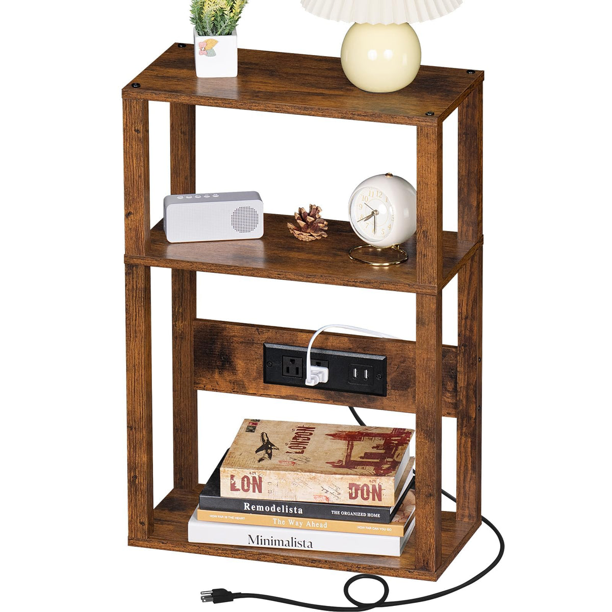 YUFAM 3-tier narrow side table with charging station beside sofa for easy device charging.