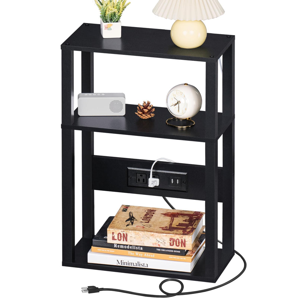 YUFAM 3-tier narrow side table with charging station beside bed for bedside power.