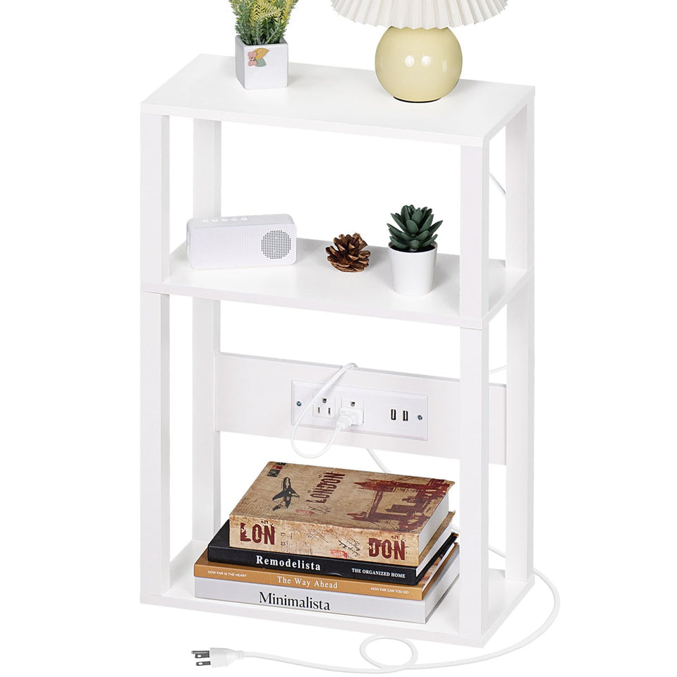 YUFAM 3-tier narrow side table front view with charging station for convenient bedside power