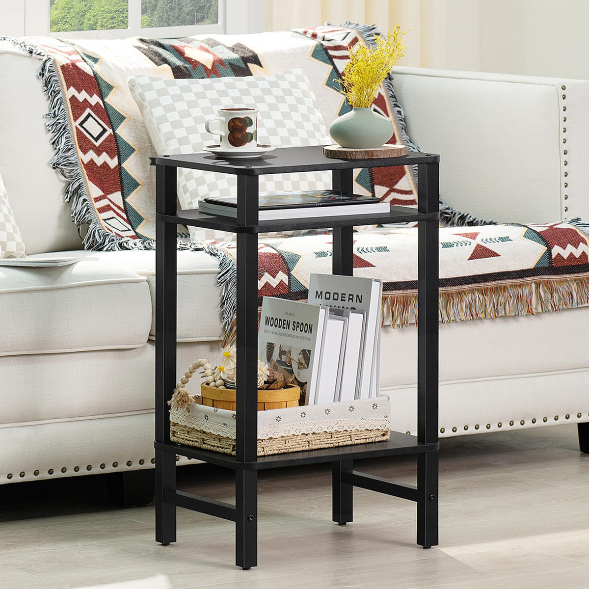 YUFAM bedside height supports lamps and nighttime essentials.