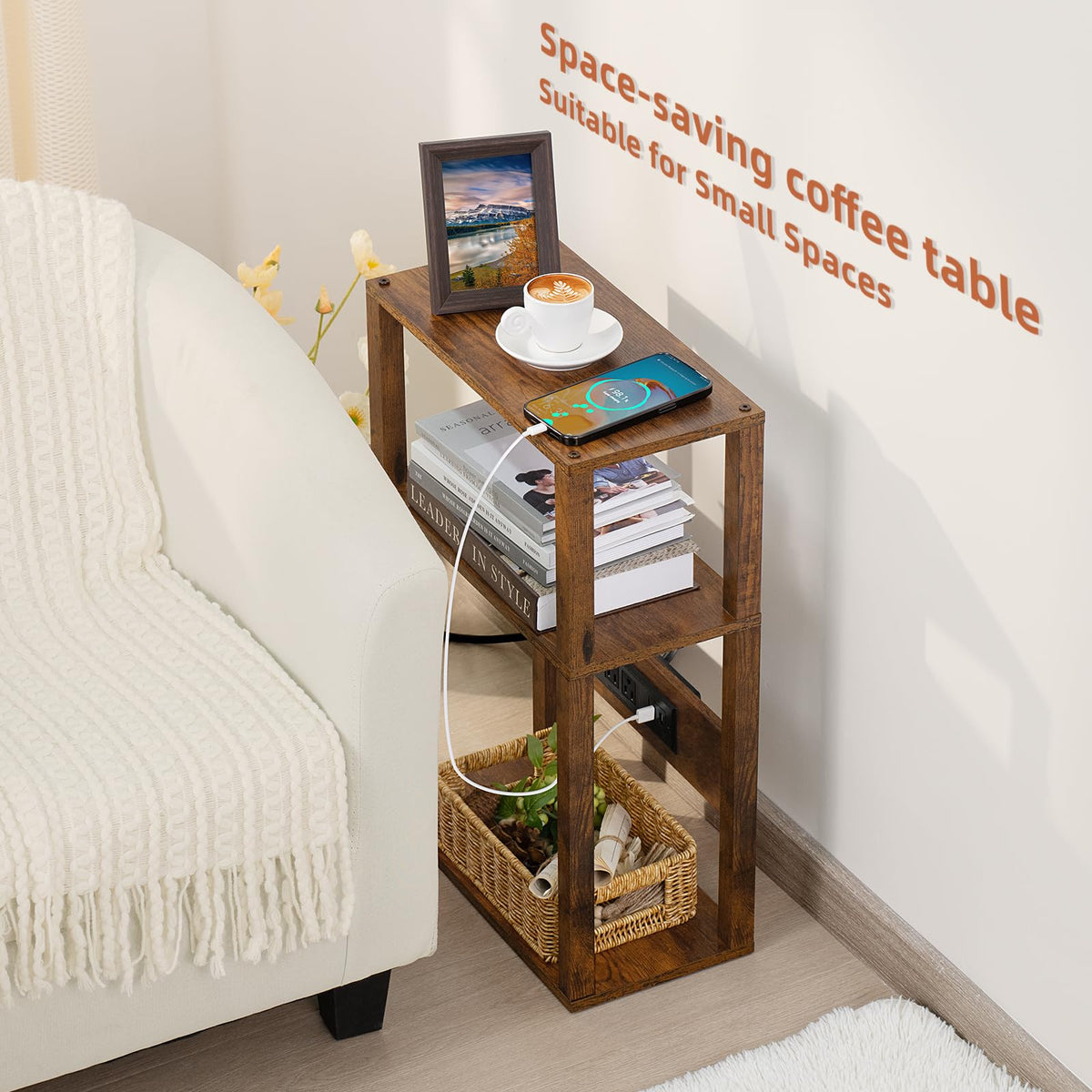 YUFAM three-tier storage shelves hold books and remotes for quick access.