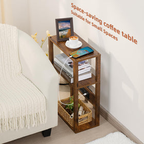 YUFAM three-tier storage shelves hold books and remotes for quick access.