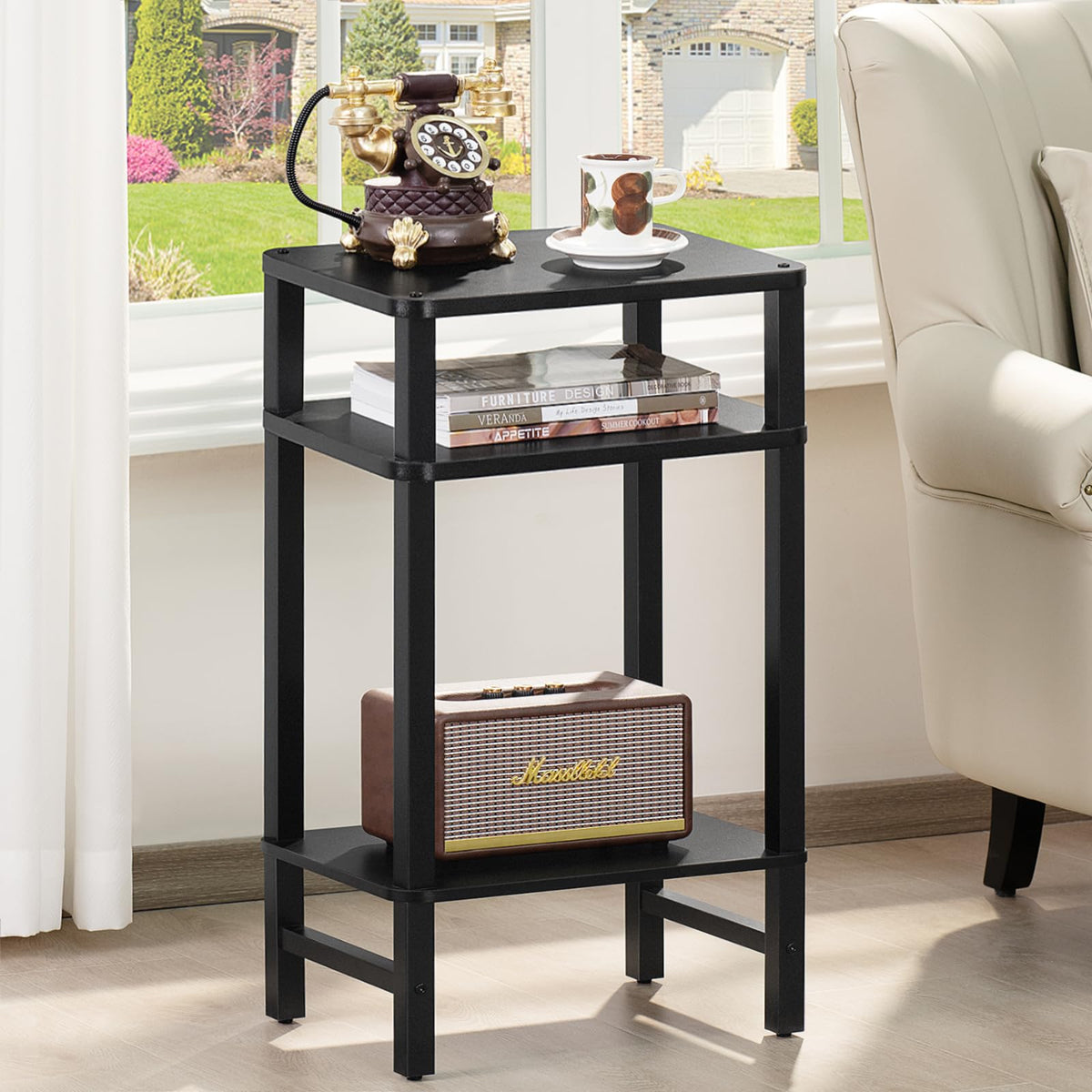 YUFAM three-tier end table showcases sturdy wood pillars for stability.