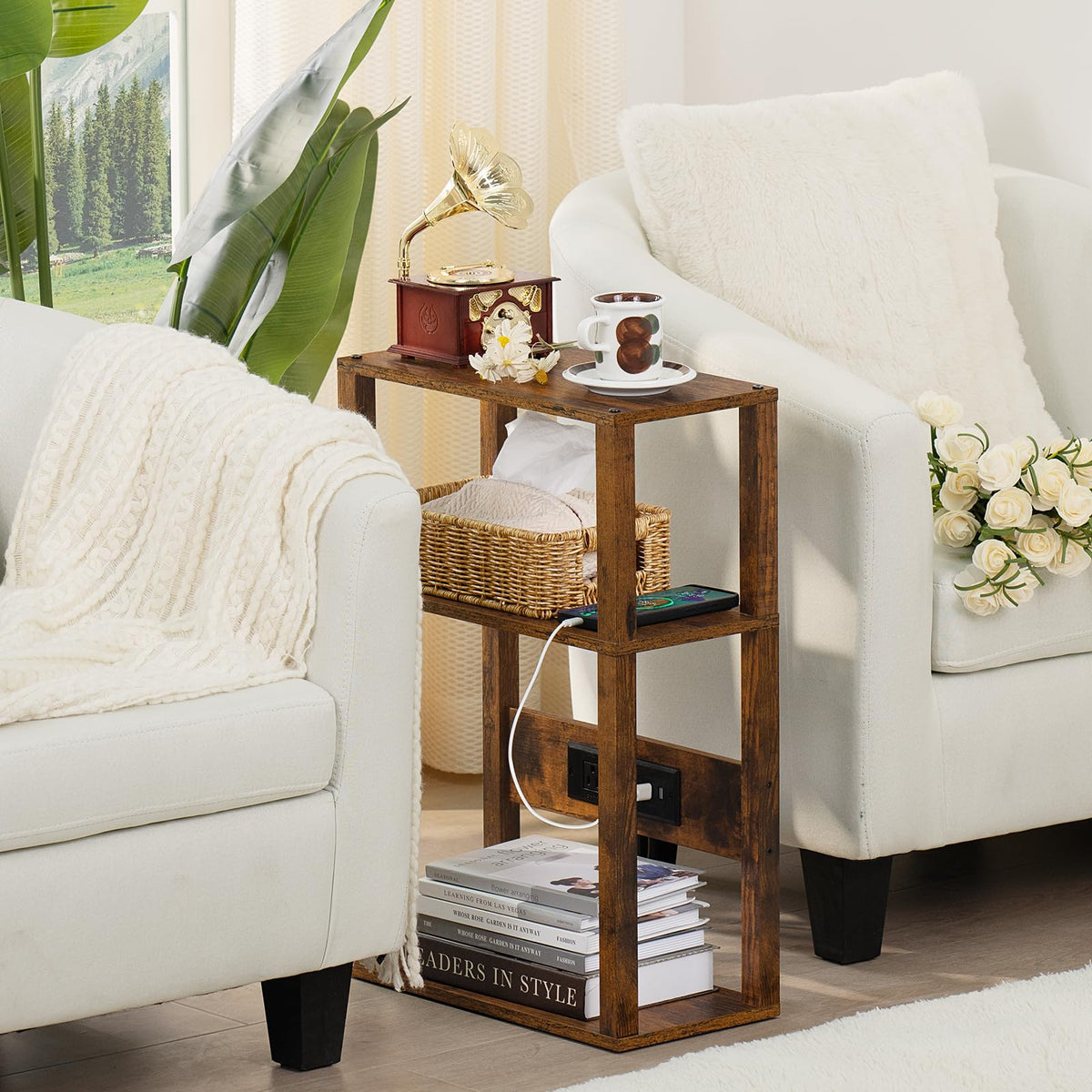 YUFAM slim nightstand fits tight corners beside bed or sofa.