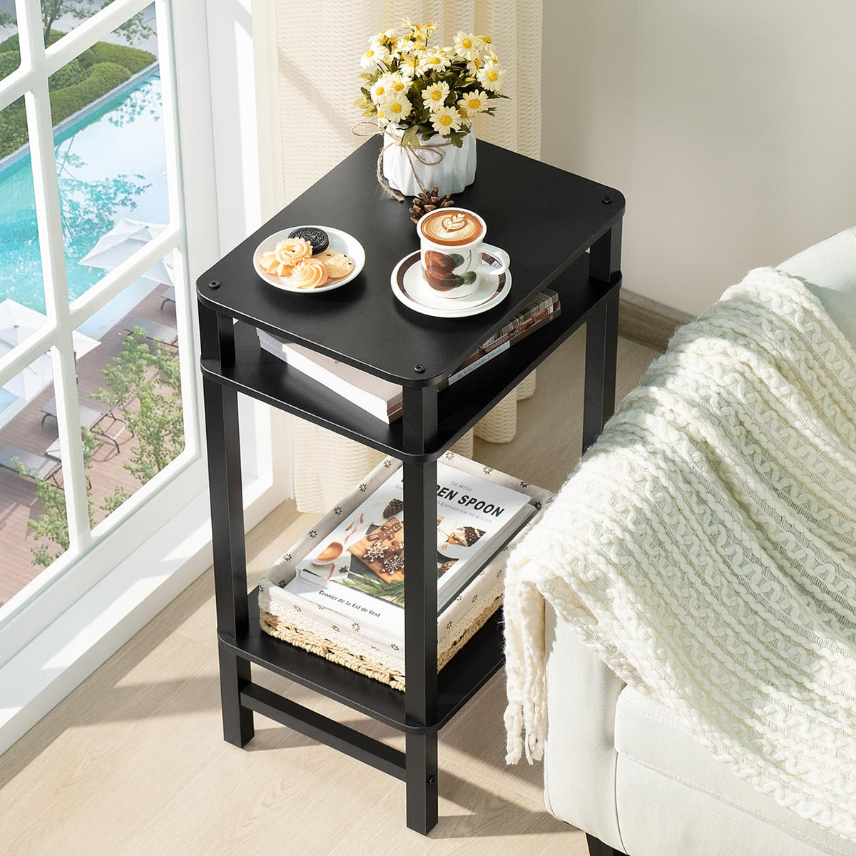YUFAM open shelves provide practical storage for decor and essentials.