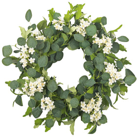 YUGALI 24-inch wreath with white cherry blossoms on a welcoming front door.