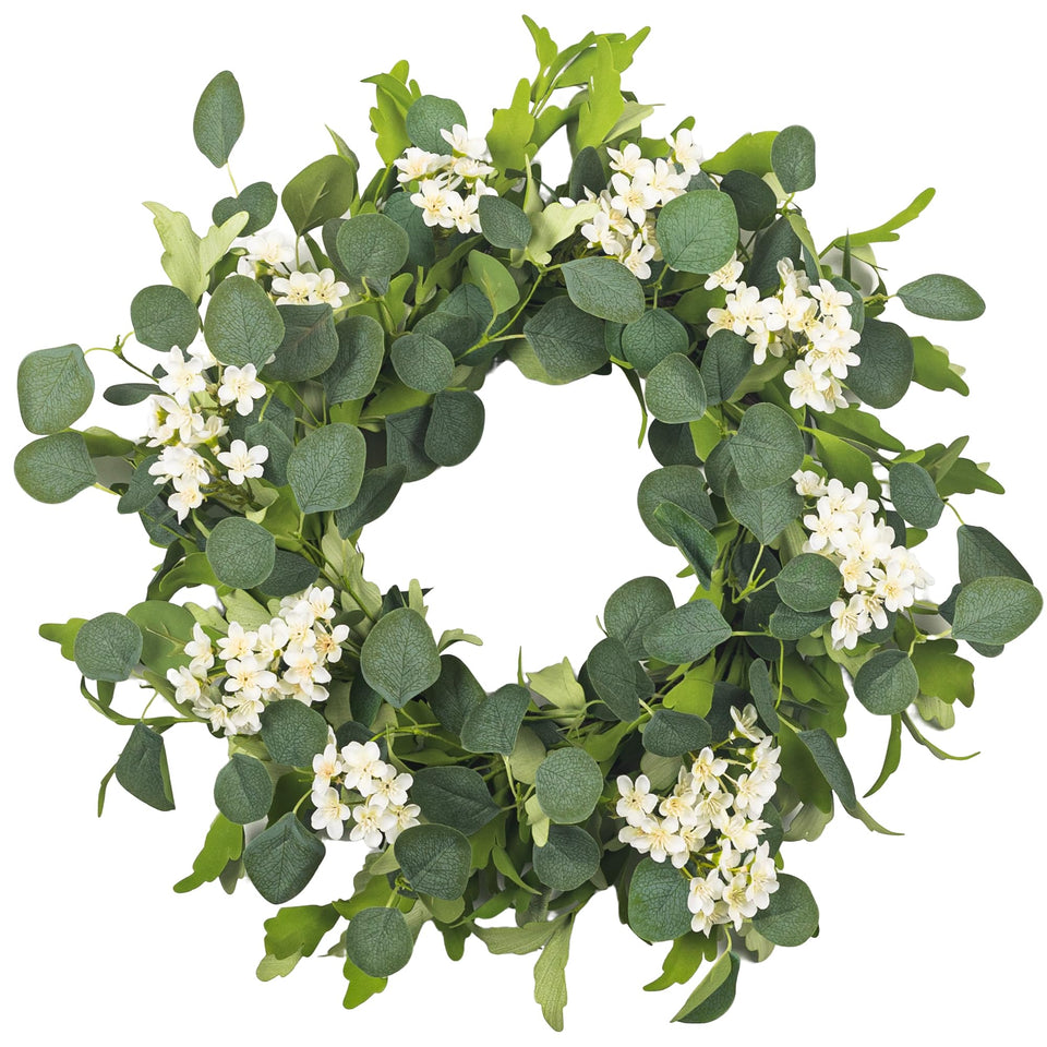 YUGALI 24-inch wreath with white cherry blossoms on a welcoming front door.