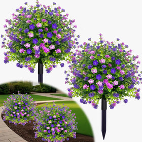 YUGYUM artificial boxwood topiary balls with purple flowers for outdoor spaces.