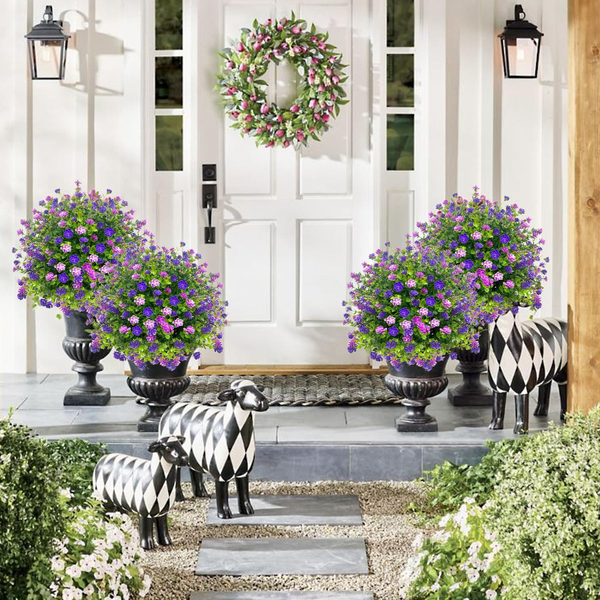 Porch and pathway decor using YUGYUM topiary adds curb appeal.