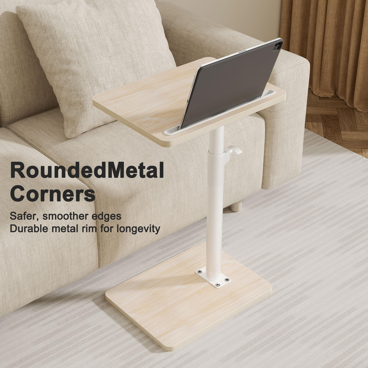 YUHFERA oak finish side table with built-in device holder keeps tablets upright for video calls.