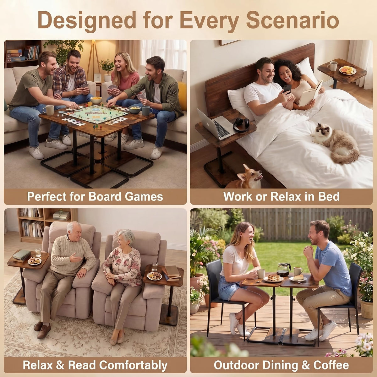 YUHFERA adjustable-height tray adapts to different chairs and couches.