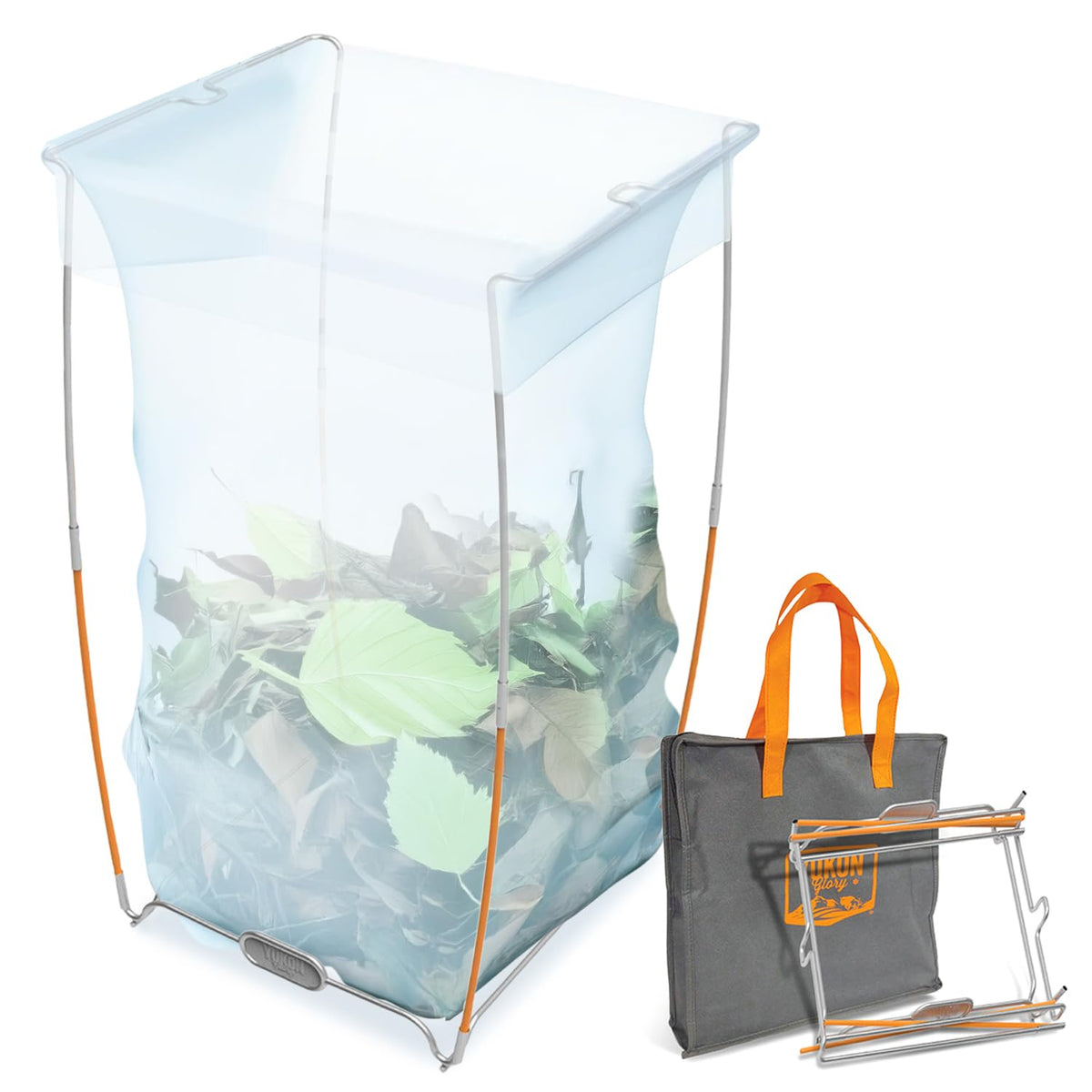 Yukon Glory trash bag holder stand showing open bag for camping waste disposal.