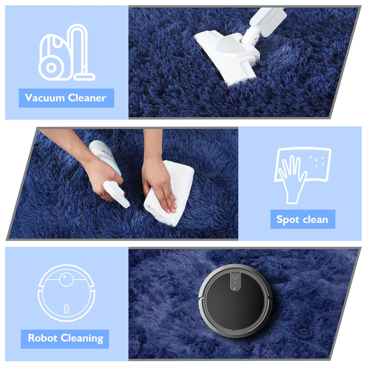Yulidayang easy-clean blue fluffy rug simplifies cleaning routines.