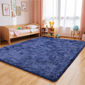 Yulidayang kids room blue plush rug supports comfy study and reading.