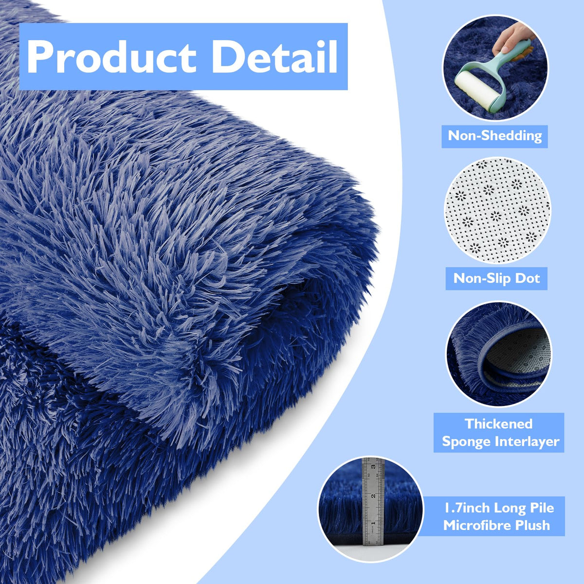 Yulidayang non-slip blue plush carpet helps prevent sliding on smooth floors.