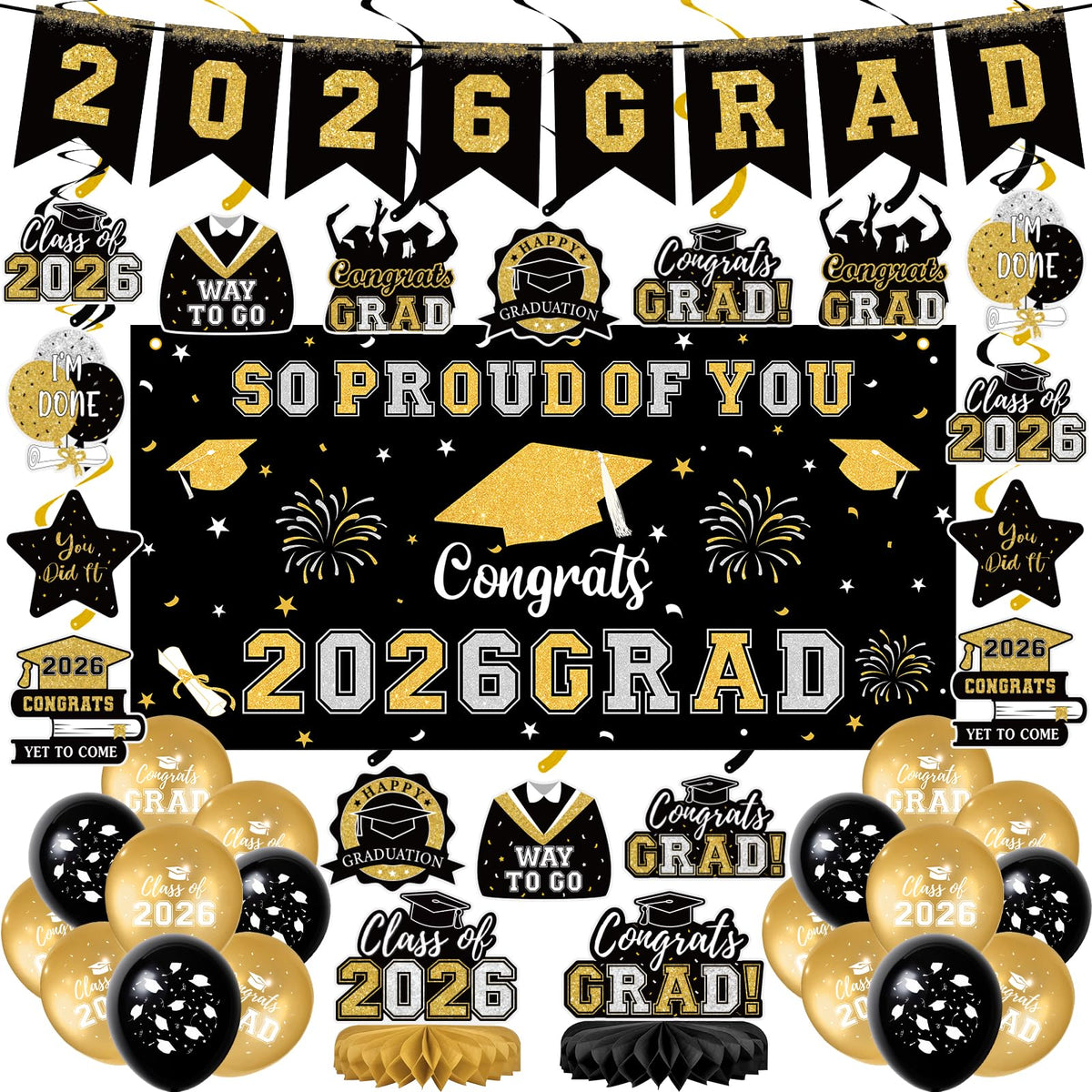 Yunfan 2026 graduation banner—bold black and gold for standout photos