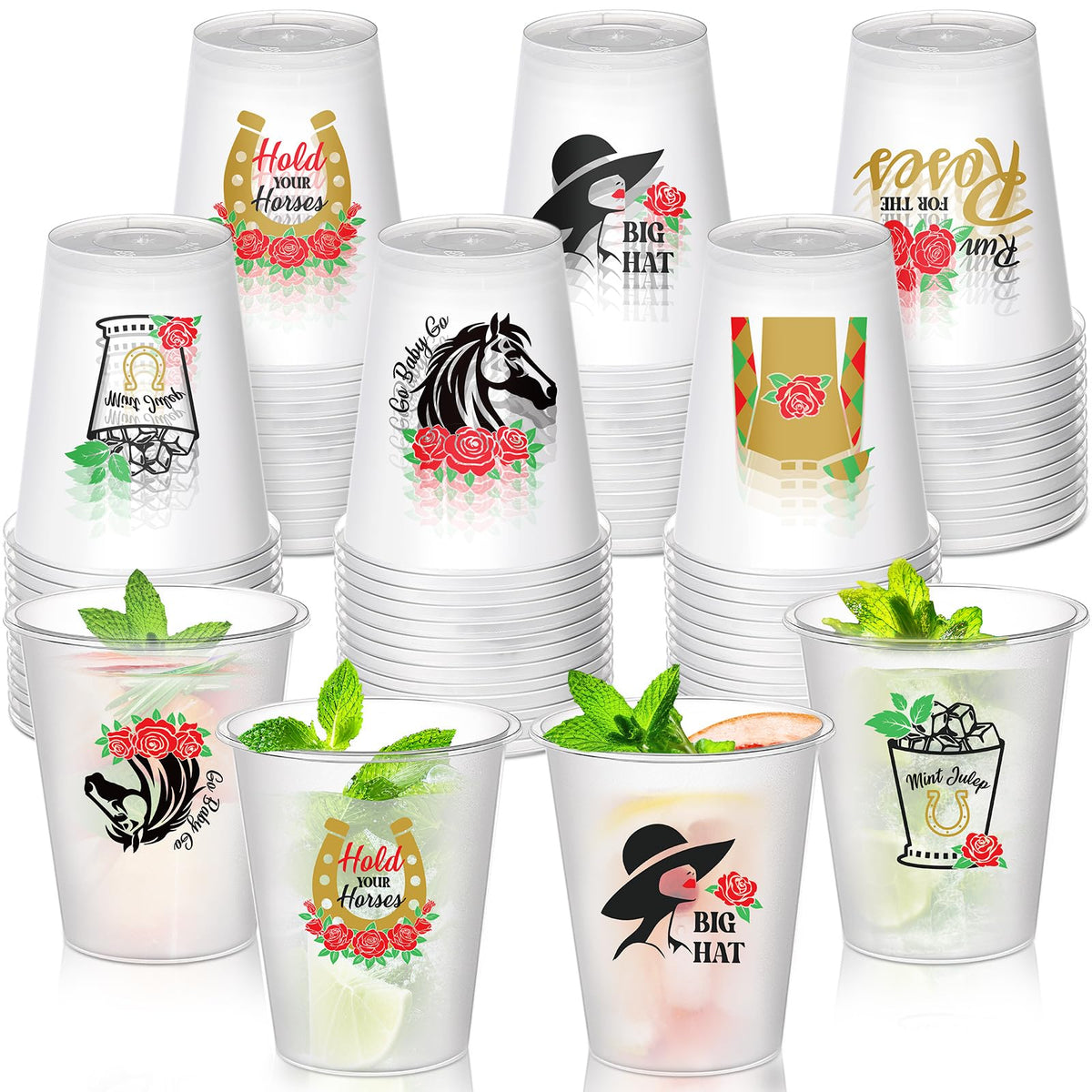 Yungyan Derby cups feature racing horse print, ideal for festive Derby party vibes.