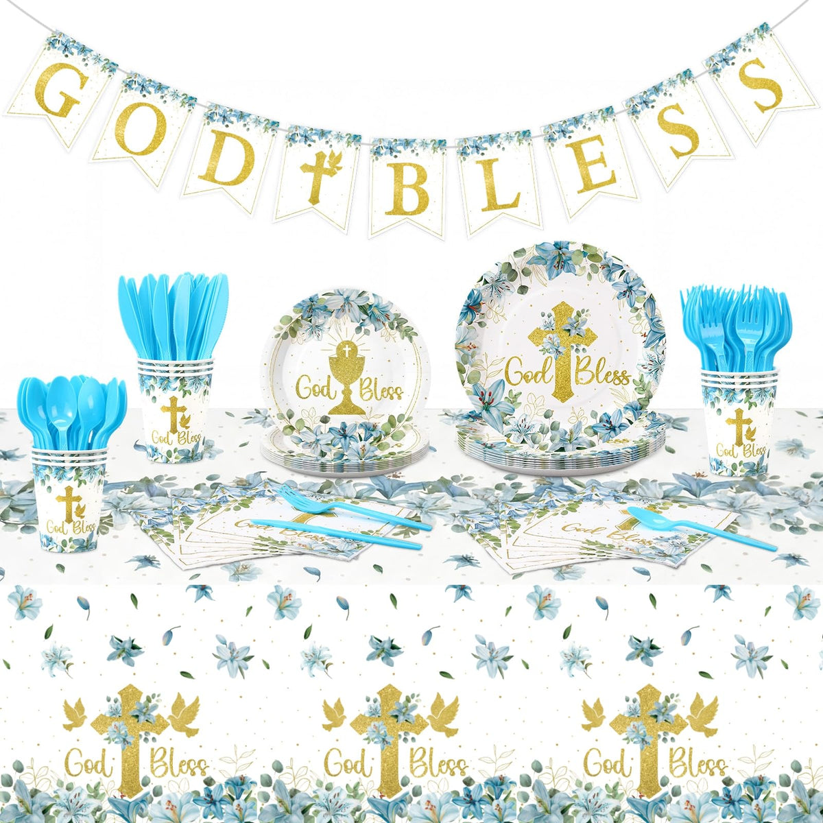 Yungyan God Bless baptism banner highlights sacred celebration with elegant blue and gold accents.
